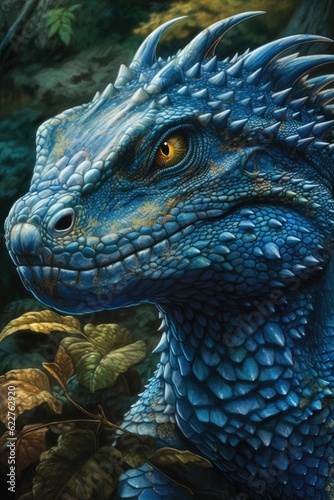 AI generated illustration of a blue dragon with its head and shoulders visible in profile