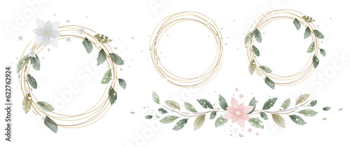 Luxury botanical gold wedding frame elements collection. Set of square, circle, glitters, leaf branches, eucalyptus. Elegant foliage design for wedding, card, invitation, greeting
