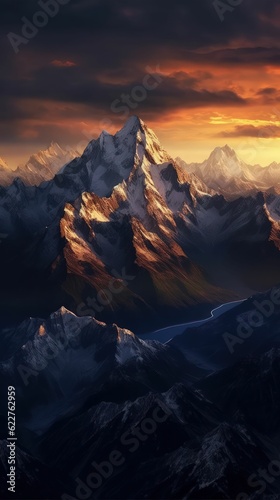AI generated illustration of snow-covered mountains in the evening twilight © Al Exo/Wirestock Creators