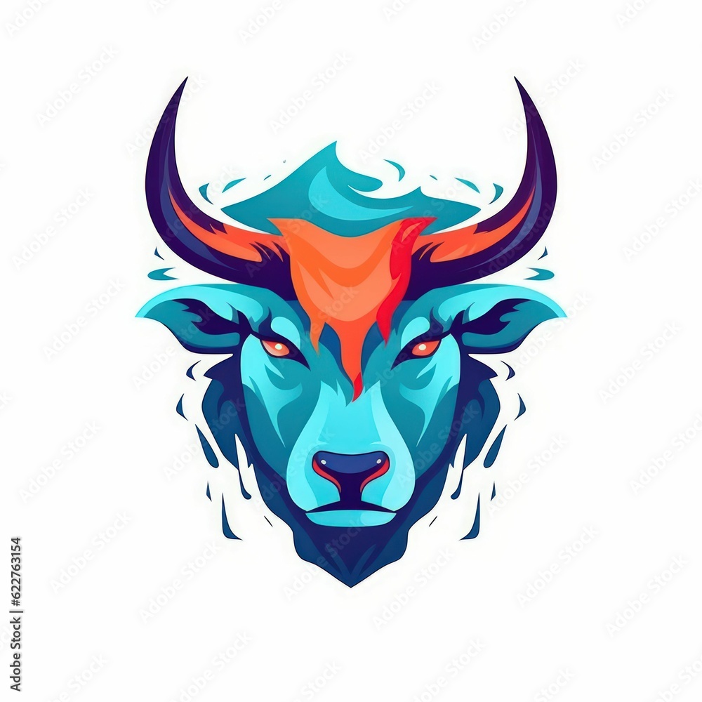 bull logo design in light blue and orange colors isolated on white background, AI-generated