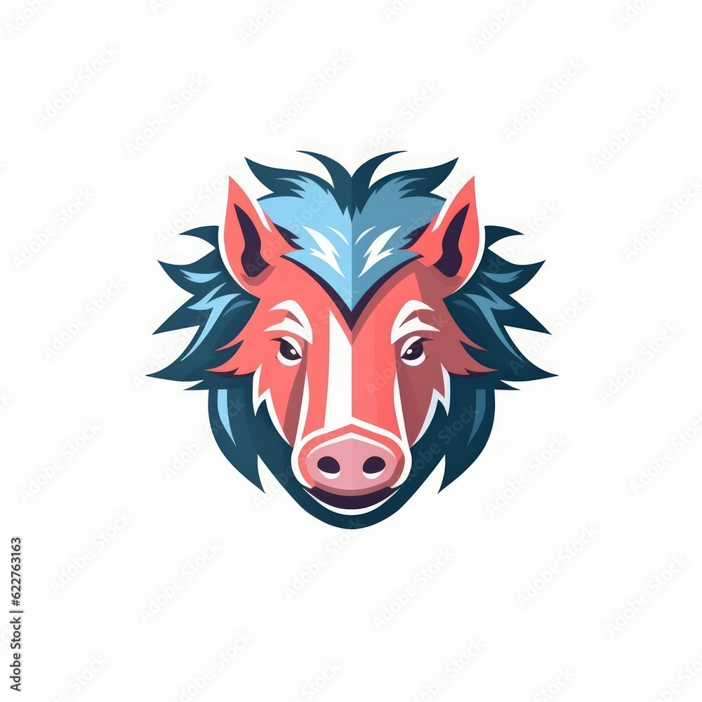Wild boar logo design in pink and blue colors isolated on a white background , Ai-generated