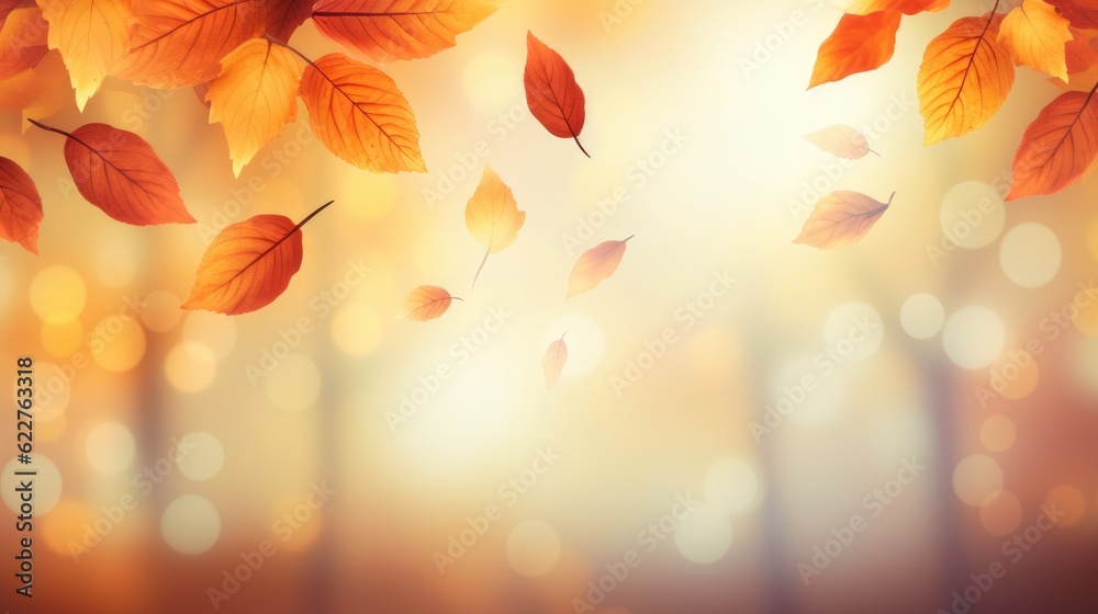 Autumn leaves background with bokeh effect. Generative AI.