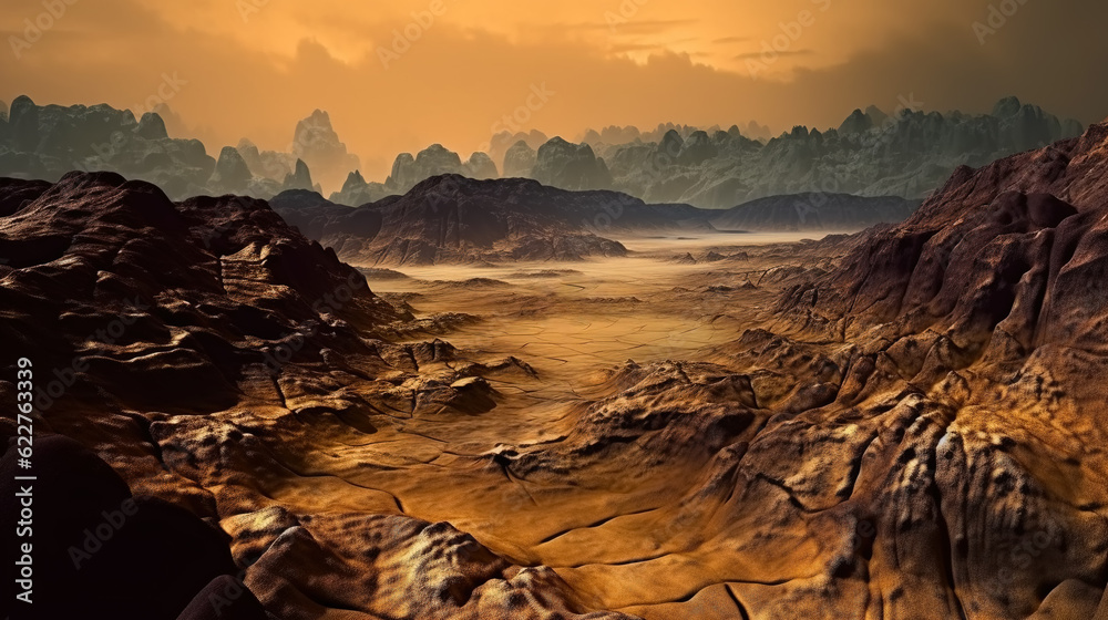 Dry alien landscape with mountain ranges and dense misty atmosphere. Exoplanet exploration. Digital illustration.