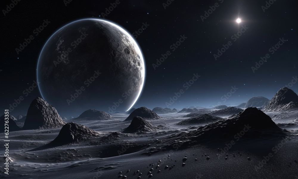 Huge moon rising above the surface of a dark alien planet