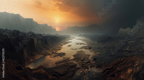 Shallow river on a rocky alien world with a distant sun