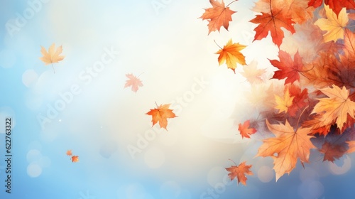 Autumn leaves background with bokeh effect. Generative AI.