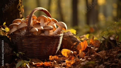 
Wicker basket full of mushrooms in the autumn forest. Generative AI.