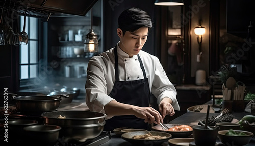 a handsome korean chef preparing food in a kitchen
