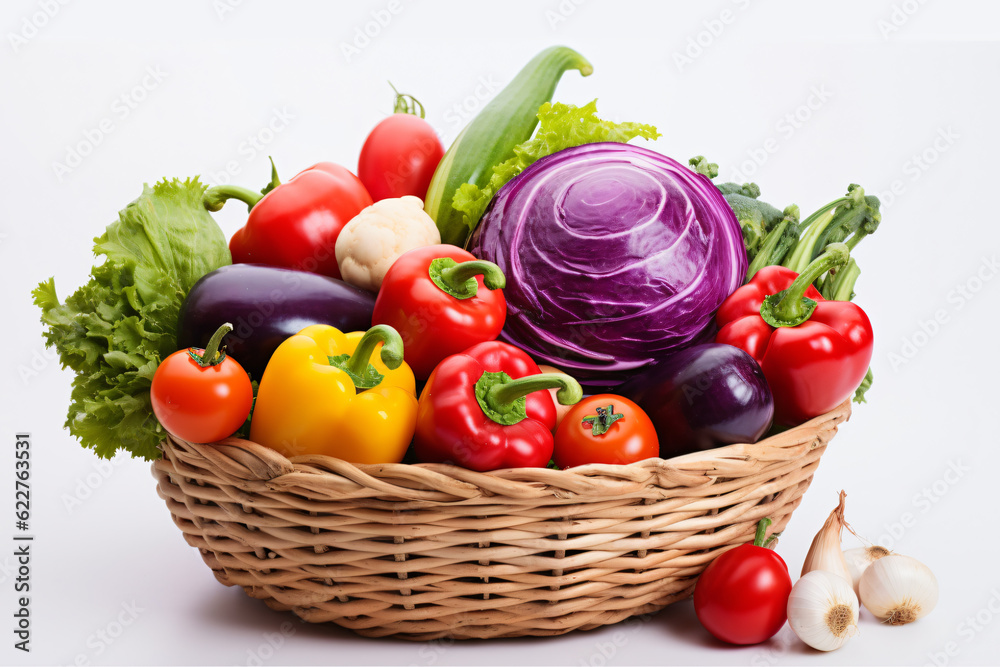 A basket with various fresh different vegetables isolated on white background A basket with various fresh different vegetables isolated on white background