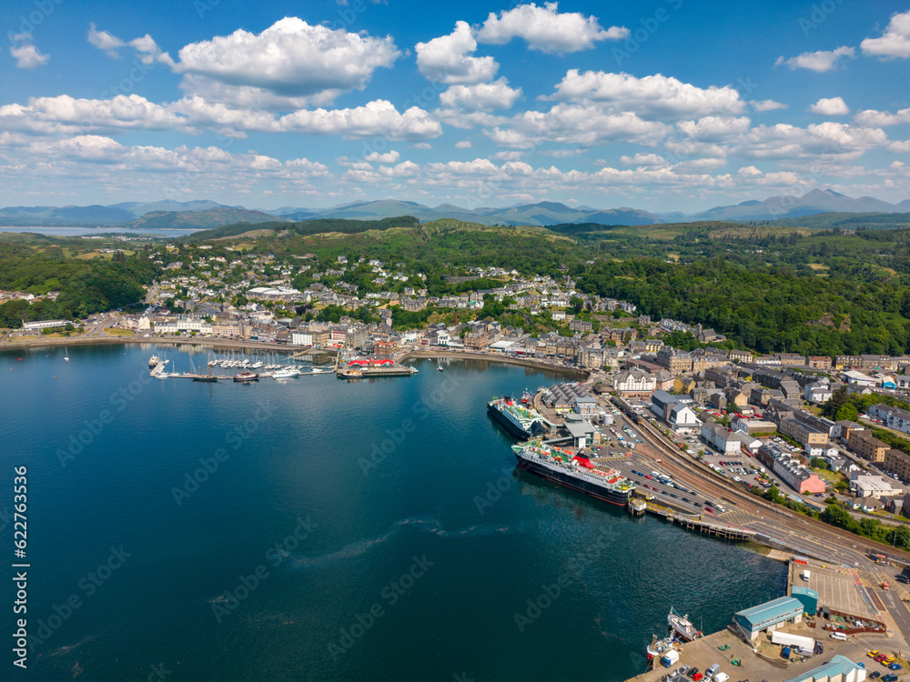 Aerial drone photo of the harbour town Oban in Scotland