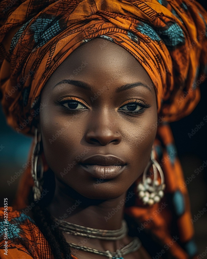 Portrait of a beautiful young African woman with vibrant headwear. AI-generated.