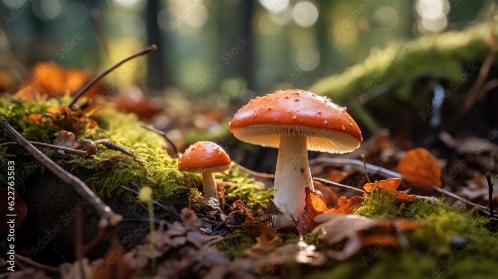 Mushrooms close-up in the forest. Generative AI. Mushrooms close-up in the forest. Generative AI.