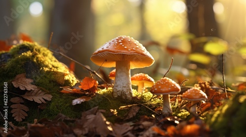 Mushrooms close-up in the forest. Generative AI.