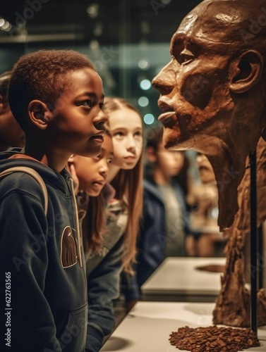 a kid looking at the bronze head of a man in the center