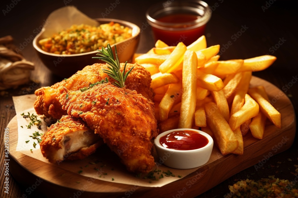Crispy fried chicken legs with french fries and mayonnaise Crispy fried chicken legs with french fries and mayonnaise