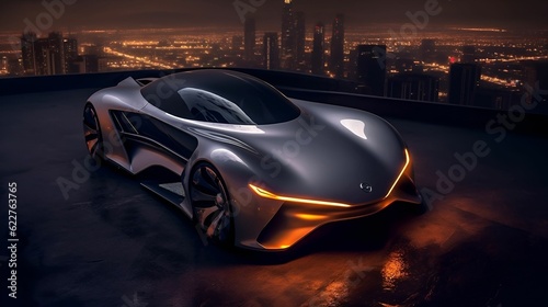 AI generated illustration of a futuristic sports car parked outdoors at a rainy gloomy night