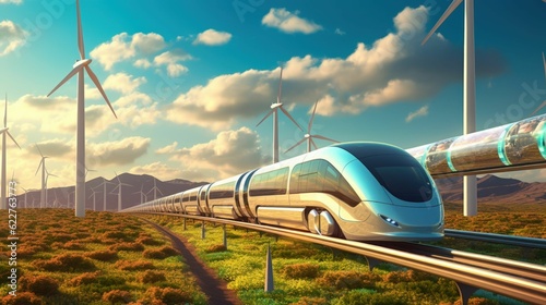 AI generated illustration of a train traversing a grassy landscape dotted with wind turbines