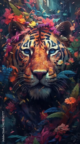 AI generated illustration of a majestic tiger surrounded by a variety of vibrant wildflowers