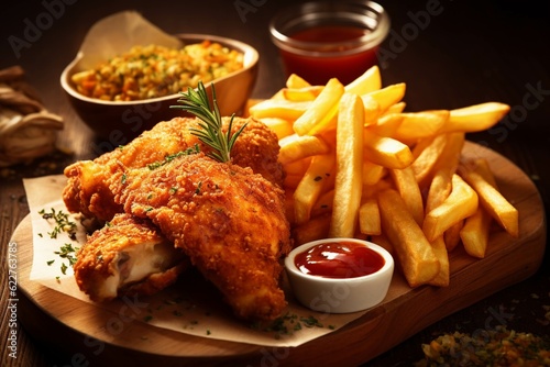 Crispy fried chicken legs with french fries and mayonnaise