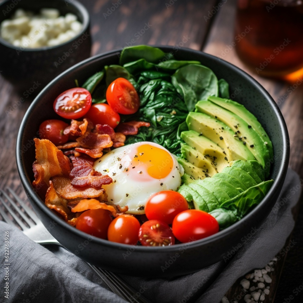 Healthy breakfast bowl with fried egg, avocado, bacon and cherry tomatoes Healthy breakfast bowl with fried egg, avocado, bacon and cherry tomatoes