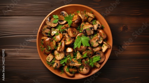 Mushroom salad with parsley on wooden background. Top view. Generative AI.