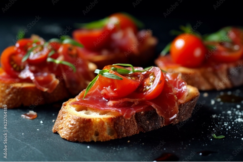 Bruschetta with prosciutto crudo or jamon on black background Bruschetta with prosciutto crudo or jamon on black background