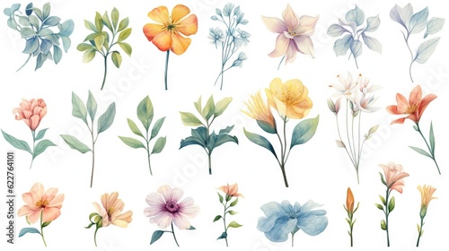 AI generated illustration of a vibrant watercolor painting featuring a set of different flowers