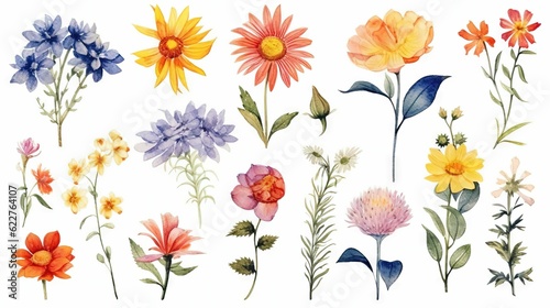 Fototapeta Naklejka Na Ścianę i Meble -  AI generated illustration of a vibrant watercolor painting featuring a set of different flowers