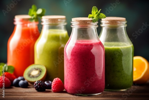 Healthy smoothie with fresh berries and kiwi in glass jars