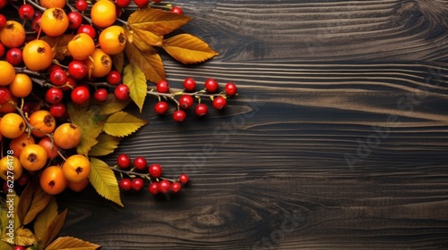  Autumn leaves and rowan berries on a dark wooden background. Place for text. Generative AI. 