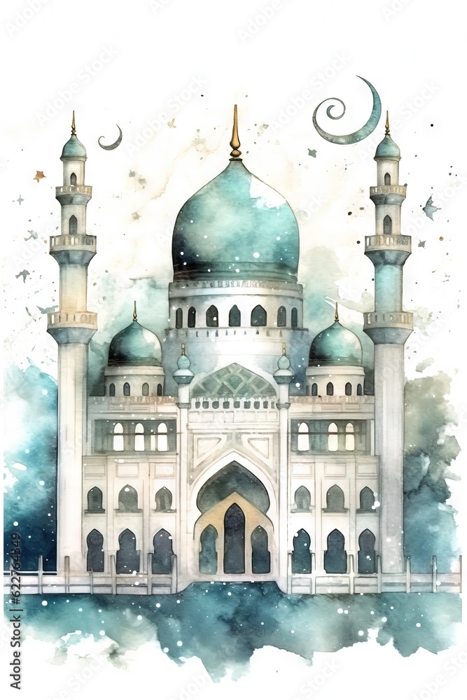 AI generated illustration of a vibrant watercolor painting depicting an intricately designed mosque