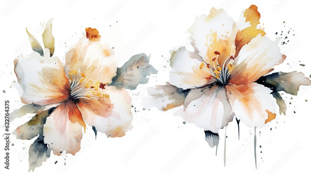 AI generated illustration of a vibrant watercolor painting featuring a set of different flowers