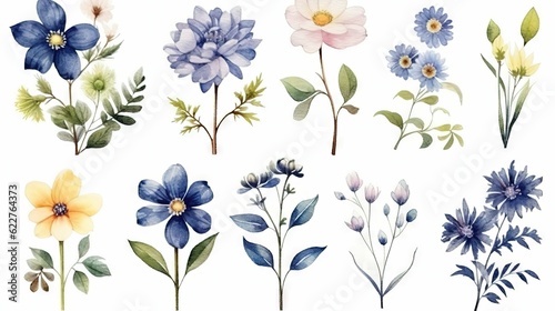 AI generated illustration of a vibrant watercolor painting featuring a set of different flowers