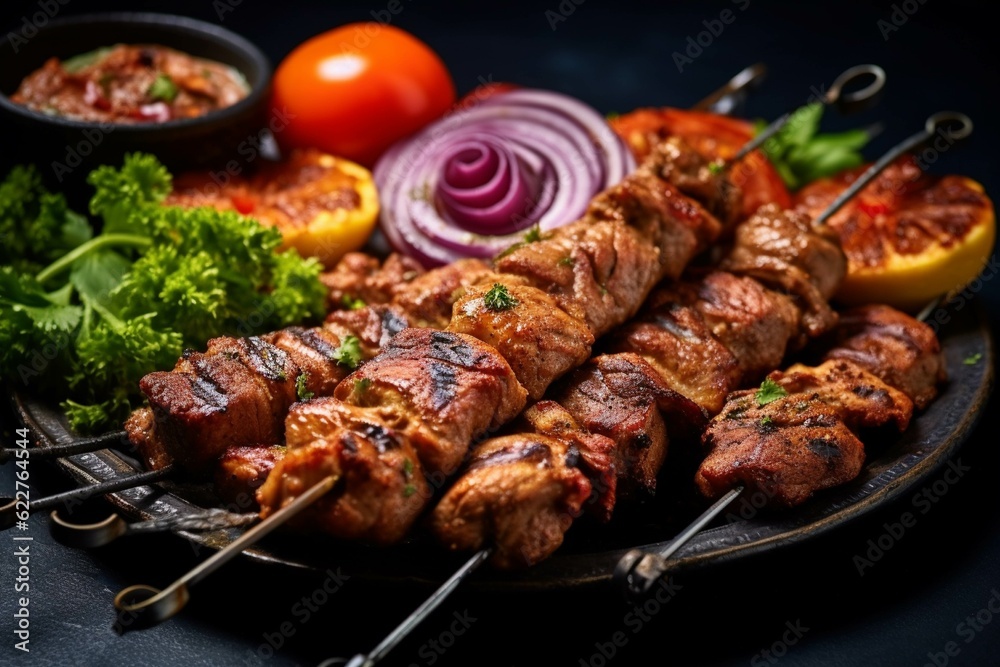 Grilled meat on skewers with vegetables on a black background.