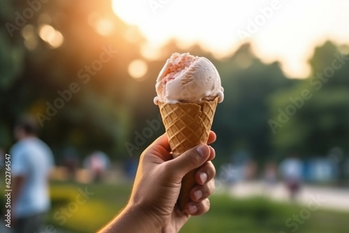 Man holding delicious ice cream in waffle cone outdoors, closeup