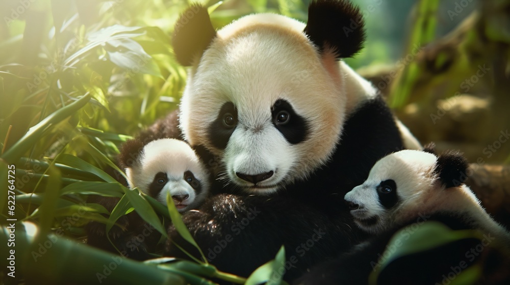 Fototapeta premium AI generated illustration of Three Pandas gathering together in a lush green jungle
