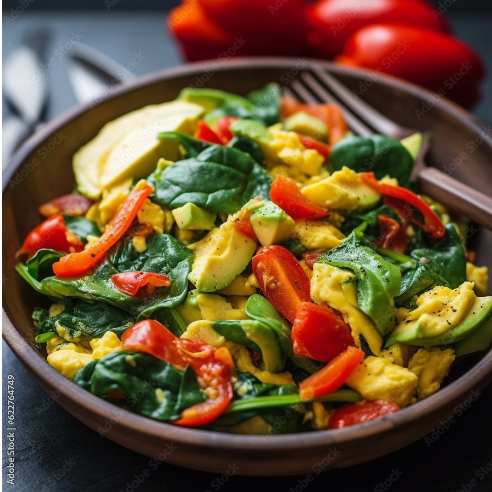 Healthy breakfast with scrambled eggs, spinach, bell pepper and tomatoes. Healthy breakfast with scrambled eggs, spinach, bell pepper and tomatoes.