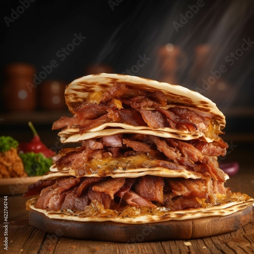 Delicious tacos with bacon and cheese on wooden table photo