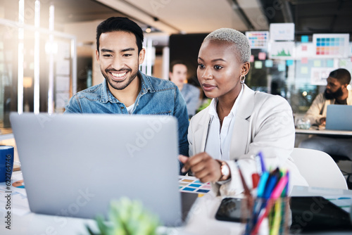 Business people, teamwork and laptop planning in creative agency for project, information or collaboration. Man, woman and diversity of employees at computer for feedback in coworking startup company photo