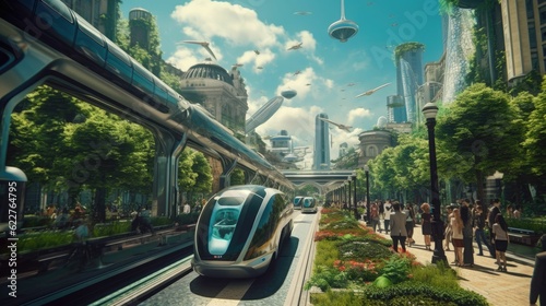 Futuristic green city with advanced transportation. AI-generated. © Tech 1 0/Wirestock Creators