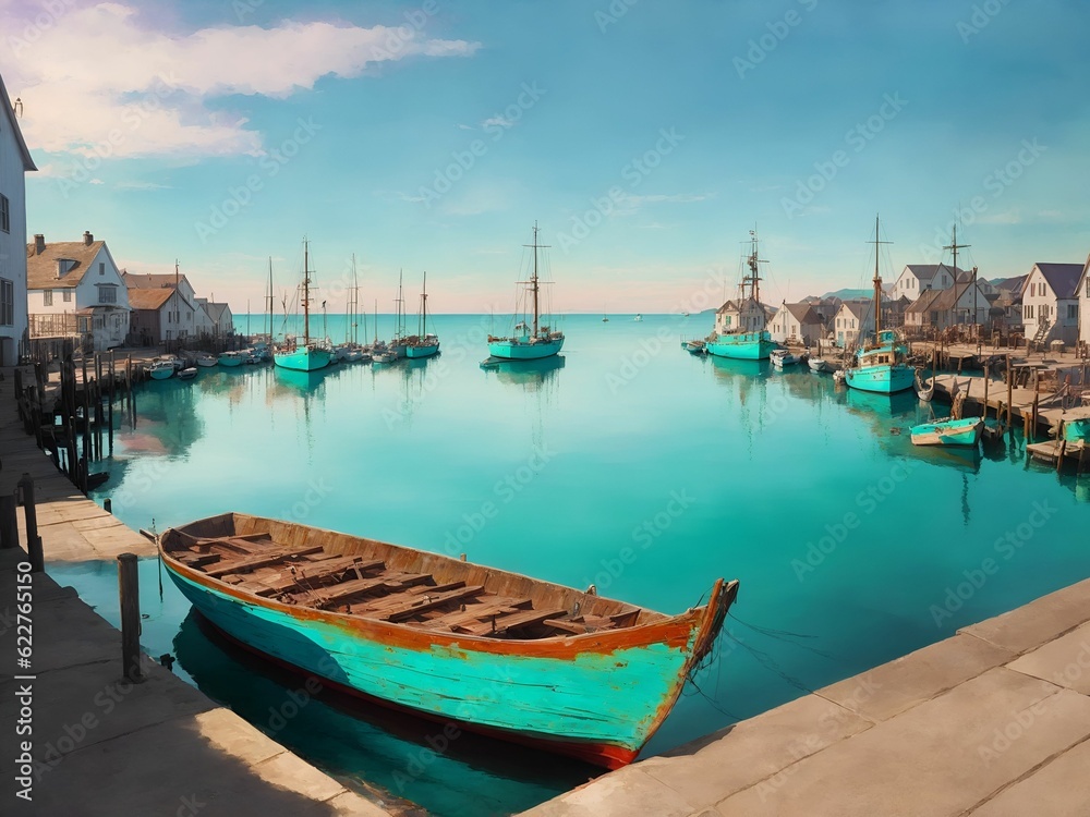 AI generated illustration of small boats moored at a dock situated in a body of water