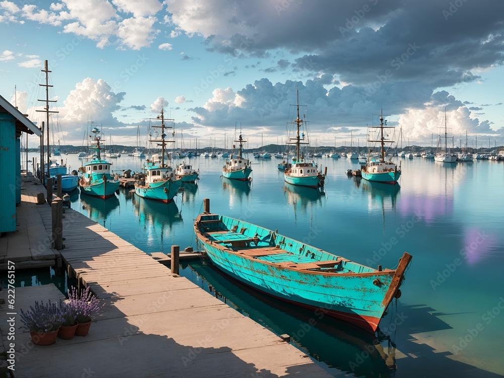 AI generated illustration of boats moored in the water at the dock of the harbor