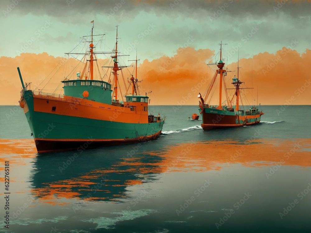 AI generated illustration of two ships floating in the ocean at sunsets time