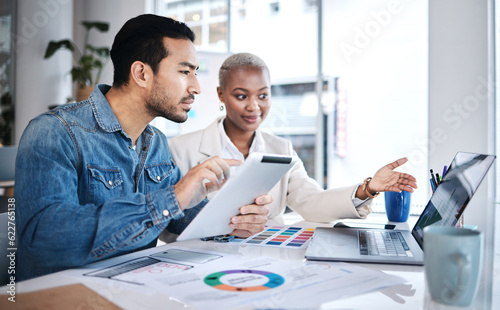 Office, business people and data with sales strategy and communication at a company. Talking, collaboration and teamwork with brainstorming and paperwork analysis of workforce with staff statistics