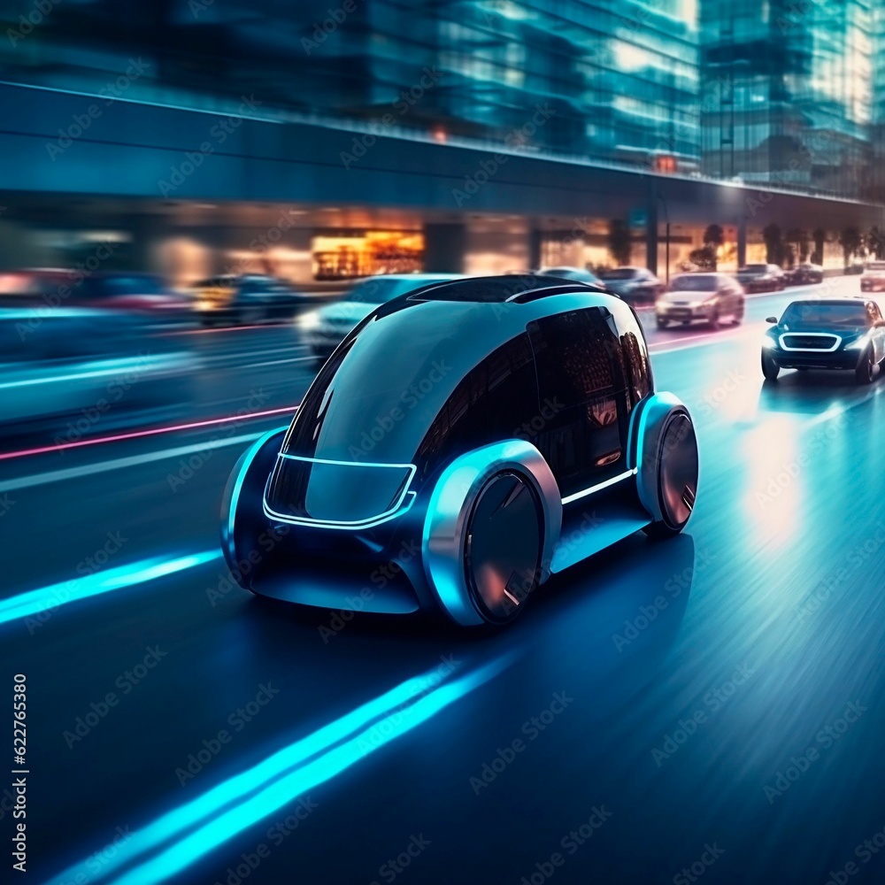 AI generated illustration of a fleet of modern, futuristic cars cruise through an urban cityscape