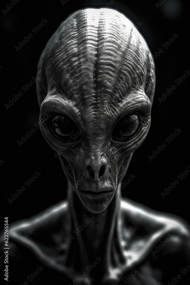 AI generated illustration of a humanoid alien face and body AI generated illustration of a humanoid alien face and body