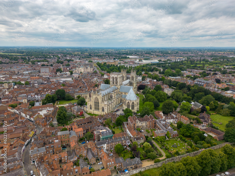 Aerial drone photo of the York Minster, a large cathedral in York, England.