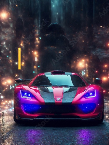 AI generated illustration of a sports car on the street at a rainy night