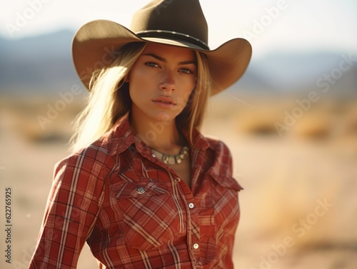 AI generated woman with blonde hair wearing cowboy hat and standing in field