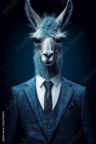 AI generated illustration of a Llama wearing a stylish suit and tie with a blurry background